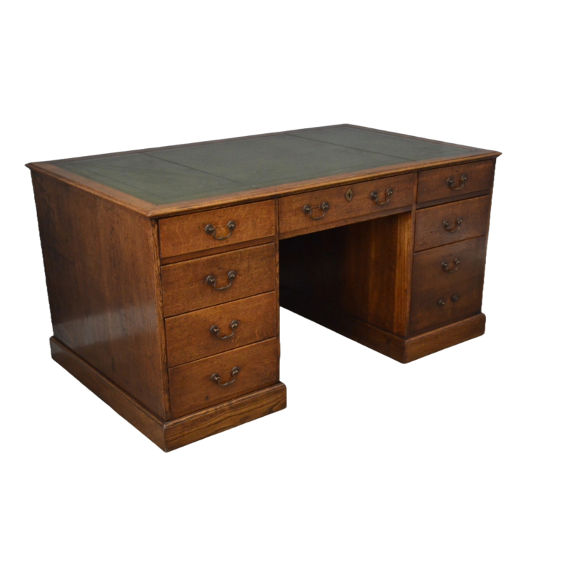Antiek eiken bureau met groen ingelegd leer